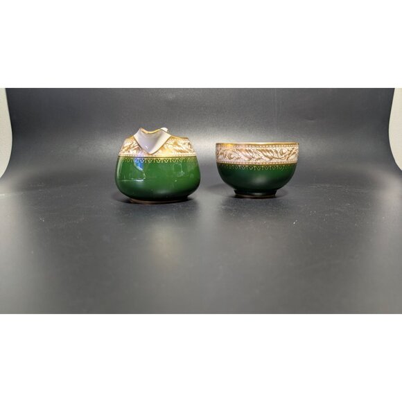 Vintage Spode Green Gold Creamer Sugar Bowl Set Fine Bone China Elegant Design - Picture 8 of 16